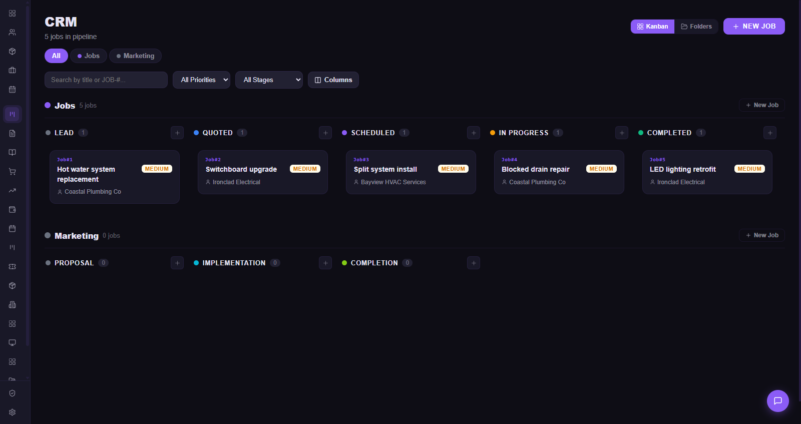 KAOS CRM pipeline showing jobs moving from lead through quoted, scheduled, in progress and completed